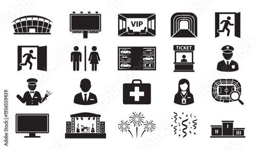 Event and venue management black glyph icons for organizing public gatherings and sports competitions useful for ticketing and security applications.