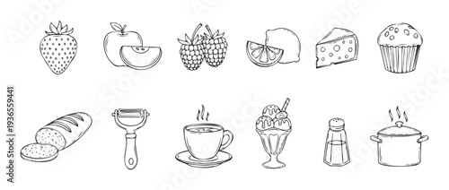 Outline sketch collection of fresh fruits, berries, dairy, baked goods, hot beverages, and kitchen tools, suitable for culinary blogs, food packaging, or educational materials.