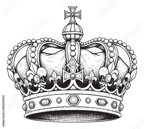 Majestic royal crown depicted in an intricate black and white drawing style featuring elegant jewels, detailed pearls, and classic fleursdelis, ideal for historical projects and regal
