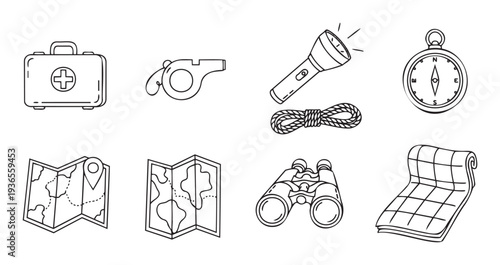 Essential outdoor adventure and survival gear icons feature a first aid kit, compass, flashlight, maps, rope, whistle, and binoculars, ideal for educational materials, travel blogs, or