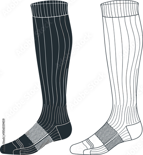 Knee high sports socks illustration, athletic compression footwear design, striped long socks apparel vector clothing template