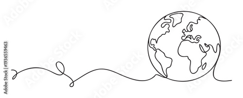 Continuous line drawing of planet Earth representing global connection and unity, perfect for environmental awareness campaigns, international business themes, or travel and communication