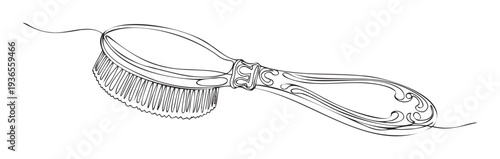 Elegant continuous line drawing of a vintage ornate grooming brush, ideal for personal care product branding, antique salon decor, or sophisticated graphic design projects.
