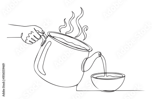 Continuous line drawing of a human hand pouring hot tea from a classic teapot into a ceramic bowl, suitable for culinary blogs or beverage packaging applications