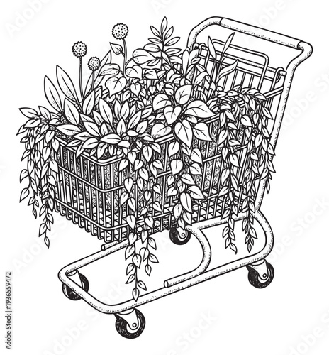 A consumer shopping cart overflowing with botanical plants and cascading foliage, perfect for promoting sustainable living, ecofriendly consumerism, or garden store product advertisements.