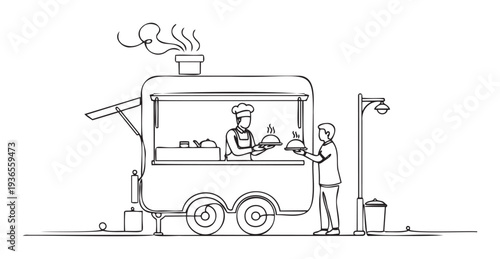 Monoline drawing of a food truck operator providing freshly cooked, hot food to a client, perfect for culinary event flyers, restaurant menus, or online foodie blogs.