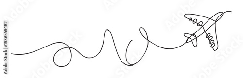 Minimalist continuous line drawing of an airplane flying a winding path, symbolizing travel adventure and global exploration for tourism brochures or web graphics