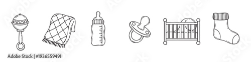Collection of hand drawn baby essential items including a rattle, blanket, bottle, pacifier, crib, and sock, perfect for newborn care and childcare themed materials.