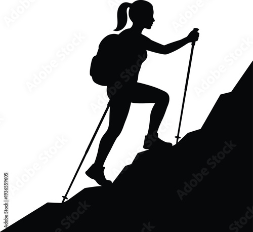 Silhouette of hiker climbing steep incline with backpack and trekking poles, symbolizing perseverance, outdoor adventure, fitness activity, and motivational mountain hiking concept illustration