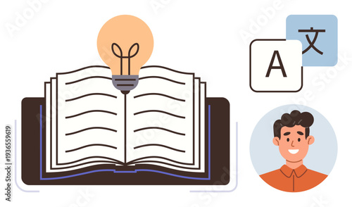 Education, idea generation, language learning, translation services, study concepts, online resources. Open book with a light bulb, language symbols and a smiling face. Education and idea generation