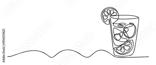 Continuous line drawing of a refreshing cold beverage with ice and citrus slices in a tall glass, perfect for menu graphics, beverage promotions, and healthy drink visuals.