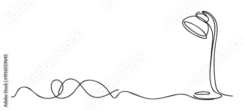 Minimalist continuous line drawing of a desk lamp with its power cord forming elegant loops, ideal for modern graphic design projects and educational materials