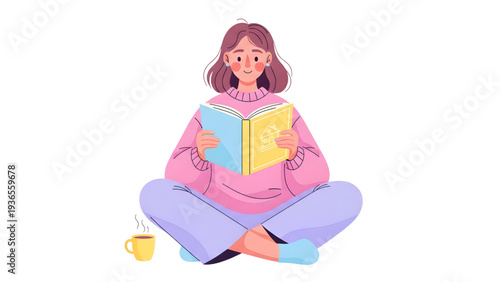 Relaxed woman enjoying a good book with a warm cup of coffee