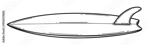 Stylized hand drawn surfboard featuring a single fin, perfect for summer themed advertisements, water sport brochures, beach holiday promotions, and surfing lifestyle merchandise