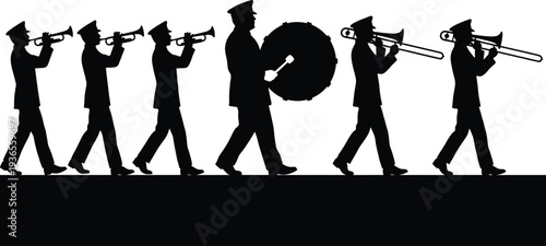 Silhouette of marching band musicians with trumpets, bass drum, and trombones in uniform, parade performance illustration for music, tradition, rhythm, and cultural celebration