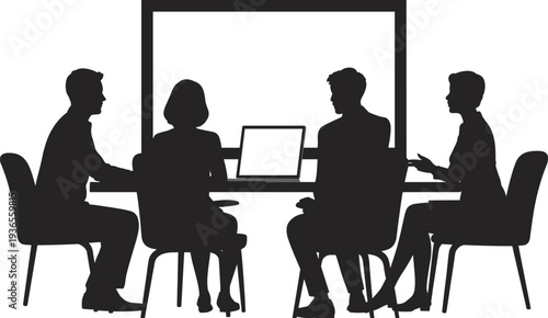 Business team meeting with laptop silhouette, corporate office discussion collaboration, professional teamwork planning strategy, workplace conference concept illustration