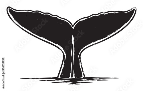 Striking black whale tail silhouette with a grunge textured brush stroke effect for ocean conservation themes and marine life promotion