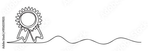 Simple single line drawing of an award rosette with flowing ribbons, creating a wavy path, perfect for certificate borders, achievement recognition, and elegant graphic elements