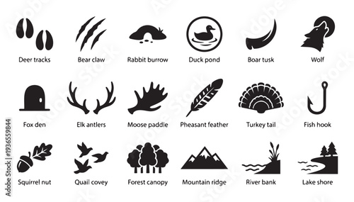 Diverse collection of wildlife and outdoor elements vector icons perfect for outdoor adventure branding, educational resources, or rustic themed graphics