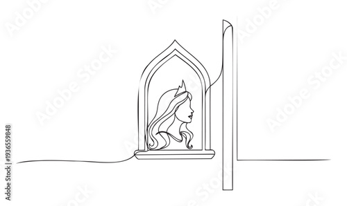 Elegant princess or queen wearing a crown looks out from an arched window of a medieval castle or tower, drawn in a continuous line style, suitable for historical narratives, fairy tale