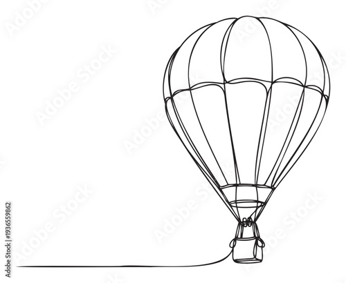 A captivating continuous line drawing of a hot air balloon soaring through the sky, ideal for travel agency promotions, event invitations, adventurethemed decor, or educational materials.