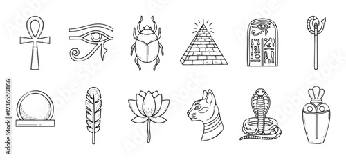Ancient Egyptian symbolic motifs and religious cultural icons depicting historical mythology and spirituality perfect for educational materials or cultural presentations