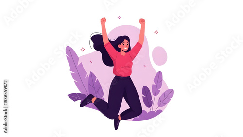Happy woman jumping with arms raised in joyful celebration