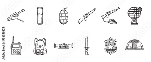 Diverse assortment of tactical and military equipment icons featuring weapons, communication tools, and outdoor survival gear for various commercial applications