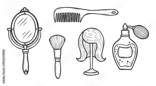 Collection of essential personal care and grooming tools including a hand mirror, comb, makeup brush, wig, and perfume bottle for cosmetic promotions