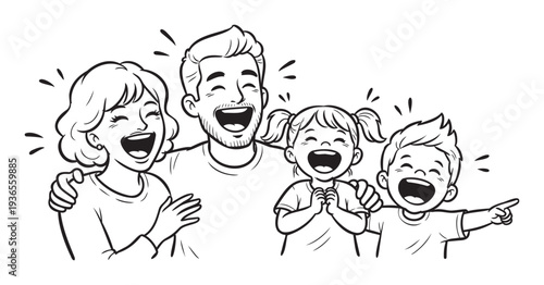 Joyful family of four including parents and two children laughing out loud together expressing happiness and good humor for family lifestyle concepts