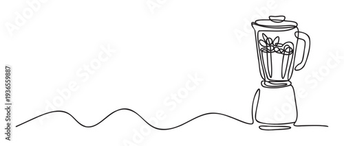 Continuous single line drawing of a modern kitchen blender filled with fresh ingredients, ideal for promoting healthy lifestyle content or food preparation themes.