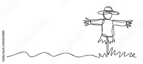 A stylized continuous line drawing of a scarecrow wearing a hat standing in a field, perfect for agricultural industry advertisements, farming education materials, or autumnal seasonal