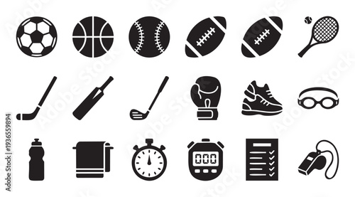 Comprehensive collection of sports and fitness equipment silhouettes perfect for athletic event promotions, health club advertisements, and active lifestyle media projects