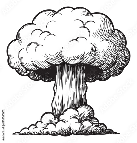Intense mushroom cloud from a massive explosion presented in a stark monochrome woodcut effect useful for expressing grave danger or historical moments