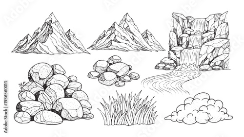 Hand drawn natural landscape elements collection featuring majestic mountains, a flowing waterfall with a river, assorted rocks, vibrant grass, and a fluffy cloud for outdoor themed graphic