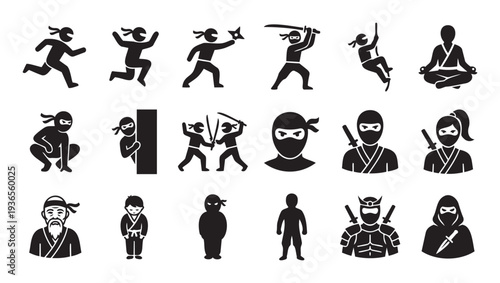 A comprehensive collection of ninja icons depicting various martial arts actions stealth movements and traditional warrior costumes ideal for projects requiring ancient Japanese combat