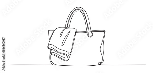 Continuous line drawing of a summer beach tote bag with a towel, perfect for vacation planning content and travelthemed lifestyle promotions