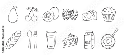 Collection of handdrawn outline food and drink items including fruits, dairy, baked goods, and cutlery for recipe books, kitchen decor, or culinary website graphics.