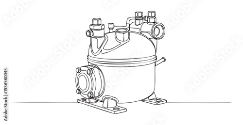 Technical line drawing of a hermetic refrigeration compressor with various fittings and mounting points, perfect for engineering diagrams, HVAC system schematics, or industrial equipment