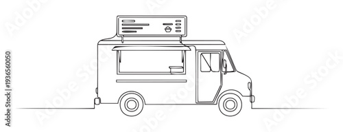 Modern food truck line drawing useful for culinary business concepts, mobile eatery branding, restaurant menu graphics, and gastronomic event promotions.