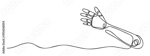 Minimalist continuous line drawing depicting a bionic hand and forearm, symbolizing advanced robotics, artificial intelligence, and future technology applications in science and digital