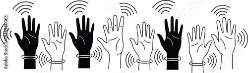 Silhouette of raised hands with wristbands emitting signals, black and white alternating design symbolizing wearable technology, unity, diversity, communication, and collective participation