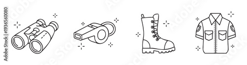 Commercial line vector icons featuring essential outdoor exploration equipment and uniform items including binoculars, a whistle, a durable boot, and a collared shirt for adventure and