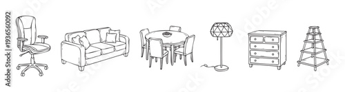 Hand drawn collection of home and office furniture items including a desk chair sofa dining set floor lamp dresser and plant stand ideal for interior decoration projects and architectural