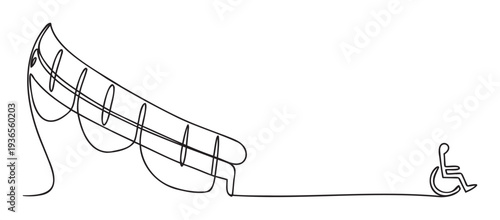 A continuous single line drawing illustrating a modern accessibility ramp flowing into a universal wheelchair symbol, ideal for promoting inclusive design and public awareness initiatives.