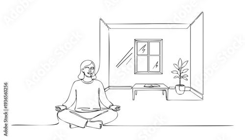 Single continuous line drawing of a smiling woman practicing meditation in a tranquil home setting with a window and plant, ideal for promoting mental wellbeing and stress relief concepts.