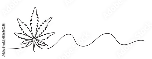 Minimalist one line drawing of a cannabis leaf connecting to a flowing wave, perfect for wellness product packaging or modern dispensary branding materials.
