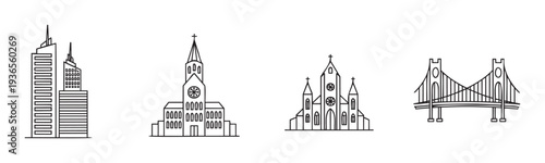 Architectural icons set featuring modern city skyscrapers, a historic steeple church, a gothic cathedral, and an iconic suspension bridge perfect for global travel, tourism, and urban