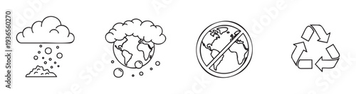 A collection of outline environmental icons representing climate change, global warming, ecological sustainability, and recycling concepts, perfect for educational materials, infographics,