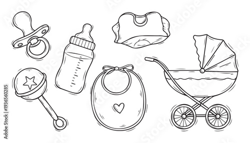 Essential newborn baby items collection featuring a pacifier, bottle, bibs, rattle, and stroller, ideal for nursery decor, baby shower invitations, and product packaging.